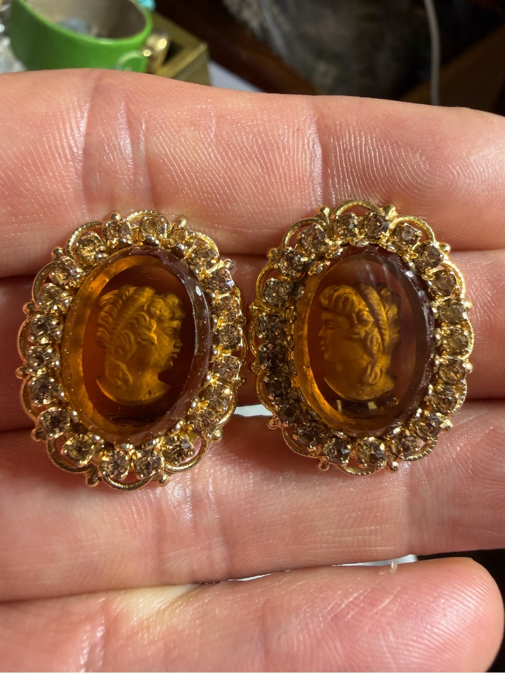 Vintage Gold-Tone Amber Glass Cameo Clip On Earrings